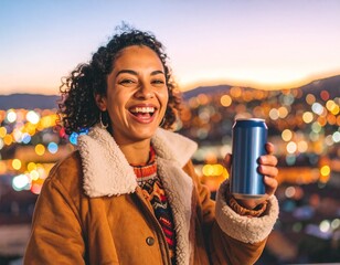 Latina Woman Holding Soda at Rooftop Party