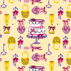 Retro vector seamless pattern with wedding icons on light background for wedding invitation, paper, fabric and other printing, web projects.