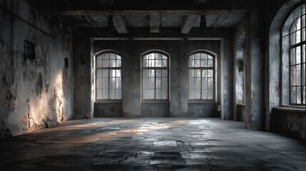 Obraz premium Empty Grunge Industrial Room with Large Windows and Weathered Walls
