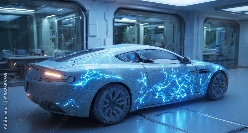Poster a futuristic vehicle features a biotechnological design, with artificial biotissue and dynamic muscu