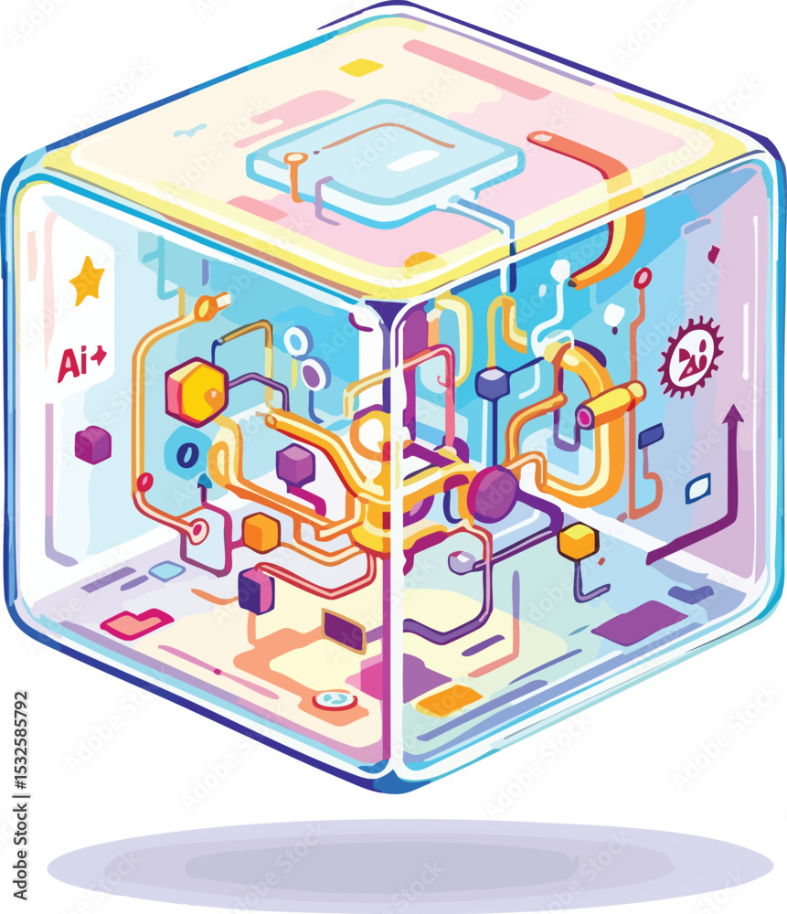 Poster futuristic ai cube illustration with circuitry and artificial intelligence concepts.
