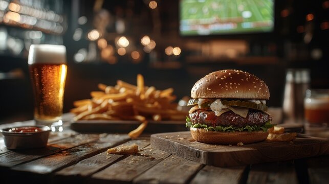 Enjoying a delicious gourmet burger with crispy fries and cold beer in a cozy bar setting while watching a sports game on the television