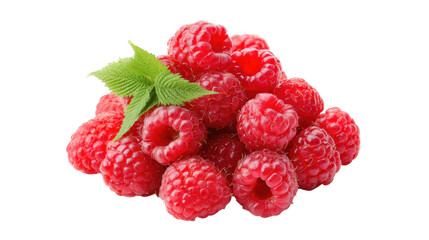 Pile of Fresh Raspberries with Green Leaves on Transparent Background