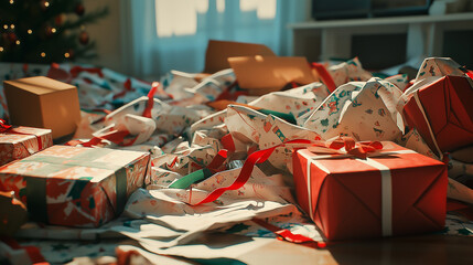 Unwrapped Christmas gifts and paper scattered on floor