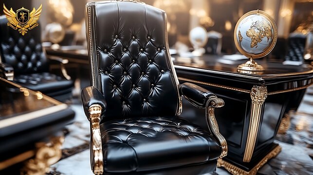 Elegant black leather boss chair with gold accents in a sophisticated office setting