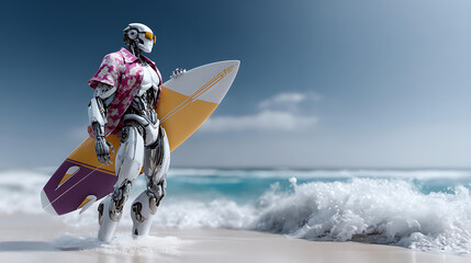 Cyber Surfer: A sleek, chrome robot stands at the ocean's edge, a surfboard tucked under its arm, ready to embrace the waves. Against the backdrop of a perfect day and the crashing waves.