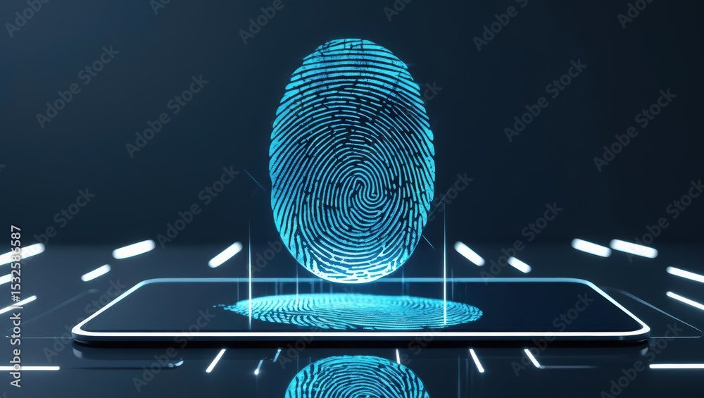 Poster digital fingerprint scan on a smartphone screen with glowing blue fingerprint pattern above the devi