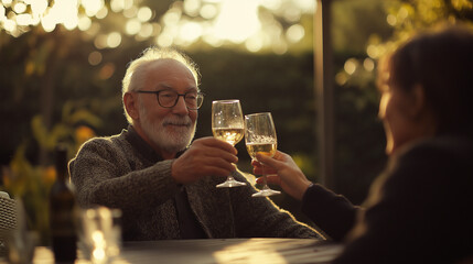 Senior man toasting with wine at outdoor dinner at sunset