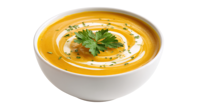 Creamy Butternut Squash Soup with Parsley on Transparent Background