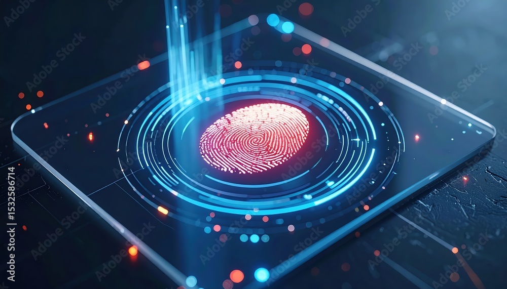 Poster futuristic biometric fingerprint scanning technology displayed on a transparent touchscreen device w