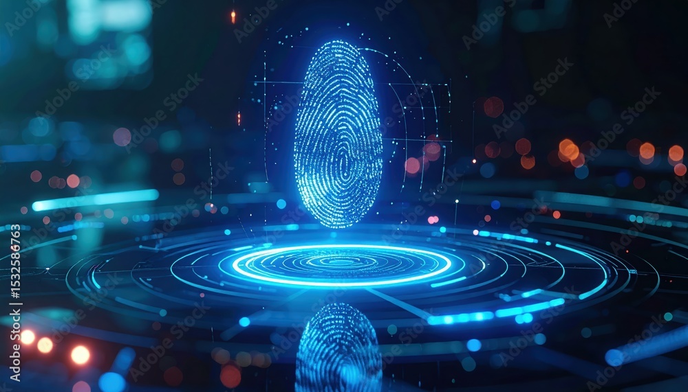 Poster digital fingerprint scanning technology with glowing fingerprint icon on holographic interface for b