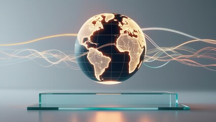 Vibrant illuminated globe with digital wave lines representing global connectivity and international communication technology on modern display