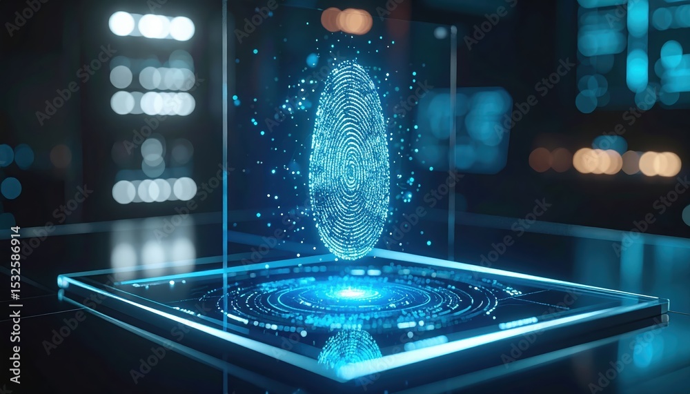 Poster futuristic digital fingerprint biometric scanner with holographic interface displaying a glowing fin