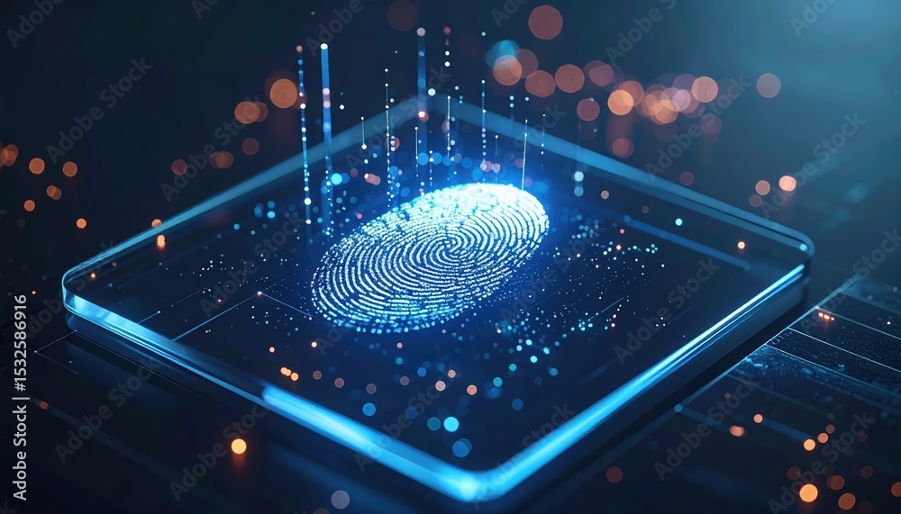 Poster close-up of a digital fingerprint scanner on a smartphone screen displaying glowing fingerprint patt