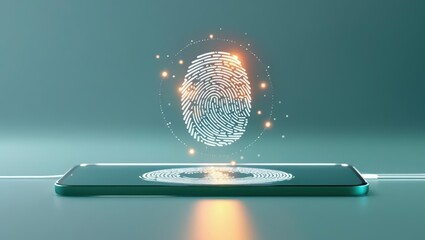 Close-up of a modern smartphone with a glowing fingerprint scanner icon above it on a sleek surface, representing biometric authentication technology and digital security
