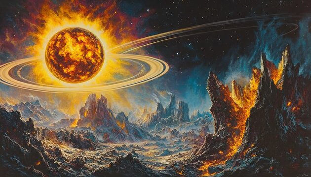 A vibrant, fiery planet with rings over a landscape of volcanic peaks.