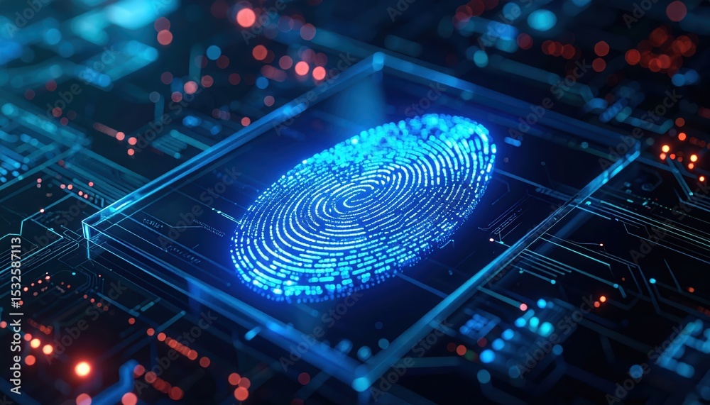 Poster high tech digital fingerprint scanning device with biometric technology and glowing blue fingerprint