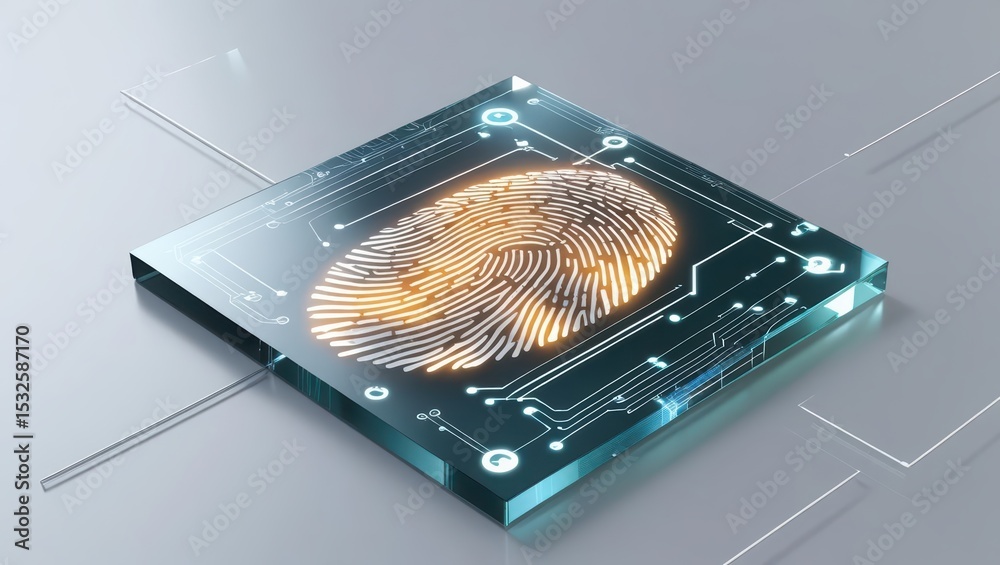 Poster high tech digital fingerprint scanner on a futuristic circuit board with glowing interface elements 