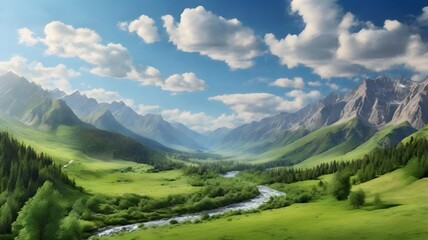 Obraz premium Majestic Mountain Valley Landscape: Scenic River, Lush Greenery, and Blue Sky