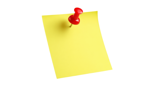 Yellow Sticky Note Pinned with Red Push Pin on Transparent Background - Powered by Adobe