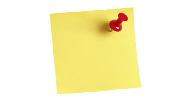 Yellow sticky note with red push pin on transparent background