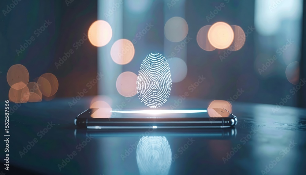 Poster modern smartphone with glowing fingerprint icon on screen showcasing biometric security technology i