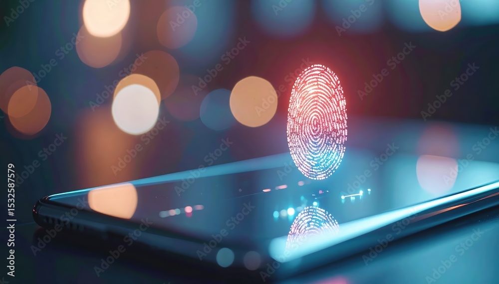 Poster close-up of a smartphone with biometric fingerprint scan animation projected on the screen in a diml