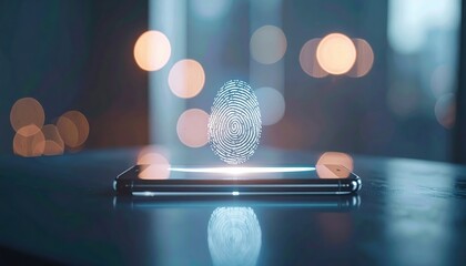 Modern smartphone with glowing fingerprint icon on screen showcasing biometric security technology in a sleek office setting with bokeh background
