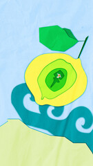 Flat folk art collage. Yellow lemon cross-section floating above wave shapes with leaf and flower detail. Concept of tropical harvest, freshness, organic fruit, and seasonal nutrition.