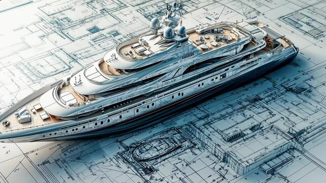Luxury yacht model on blueprints, naval architecture concept