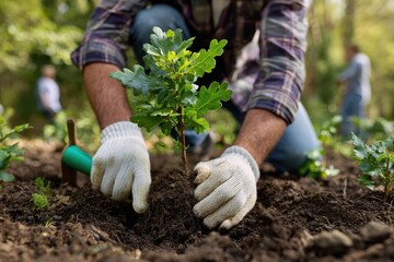 Person planting a small tree seedling with gloves in dirt during the daytime outdoors
