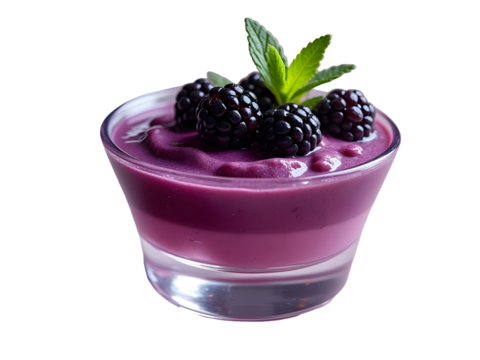 Blackberry Delight: A tempting dessert featuring plump blackberries artfully arranged atop a smooth, violet-hued cream, a sprig of fresh mint for added visual appeal and flavor. PNG file