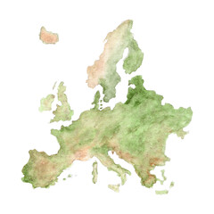 Map of Europe watercolor illustration isolated on white. Ideal for travel blogs, geography books, educational posters, packaging, branding, and eco-friendly business presentations or decor. Green and