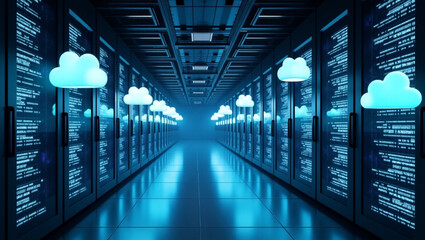 Photo of a futuristic server room illuminated by rows of glowing cloud icons, reflecting on the polished floor in a cool blue light