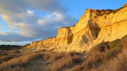 Majestic golden cliffs with vibrant sky at sunset near coastal landscape