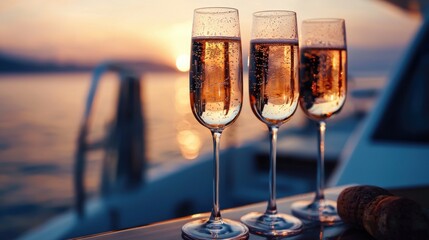 Celebrating sunset with sparkling drinks on a luxury yacht during a summer evening on the water