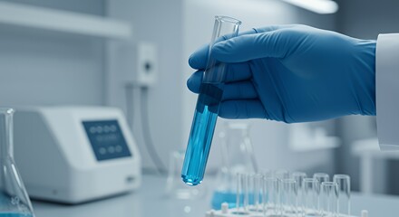 Holding Test Tube with Blue Liquid in Laboratory for Science Study