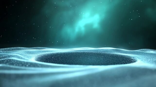 Mystic Winter Cauldron: An icy cauldron nestled in a snowy expanse reflects the ethereal glow of the aurora borealis, invoking the mysterious beauty of the arctic night.