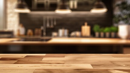 Wooden table in modern kitchen with blurred background. Wood rustic counter for product display, showcasing bright and clean interior design, ideal for cooking and home lifestyle