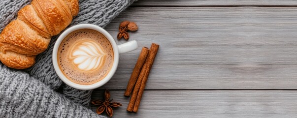 coffee and bakery espresso presentation. Cozy coffee and croissant on a textured background, perfect for a warm morning.