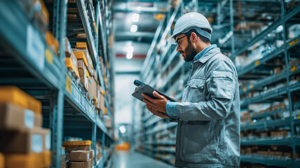 部品倉庫で棚卸チェックを行う日本人作業員