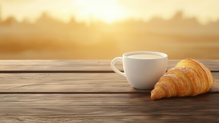 coffee and bakery espresso presentation. Morning coffee with a croissant on a wooden table at sunrise.