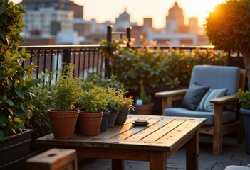 Cozy outdoor balcony with wooden furniture and potted plants during sunset