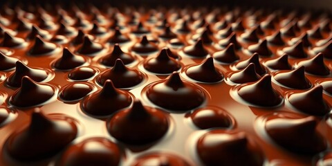 Obraz premium Endless stream of dark brown chocolate drops moving horizontally, melted, confectionery