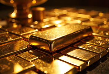 Close-up of shiny gold bars stacked together with warm lighting highlighting their reflective surfaces