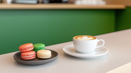 coffee and bakery espresso presentation. Colorful macarons beside a cappuccino on a sleek table in a modern café setting.