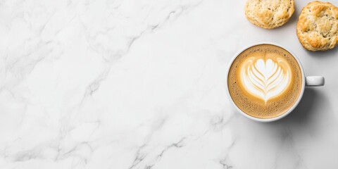 coffee and bakery espresso presentation. Warm latte with art design and pastries on a marble surface.