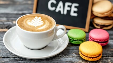 coffee and bakery espresso presentation. Cozy café scene with latte art and colorful macarons on a wooden table.