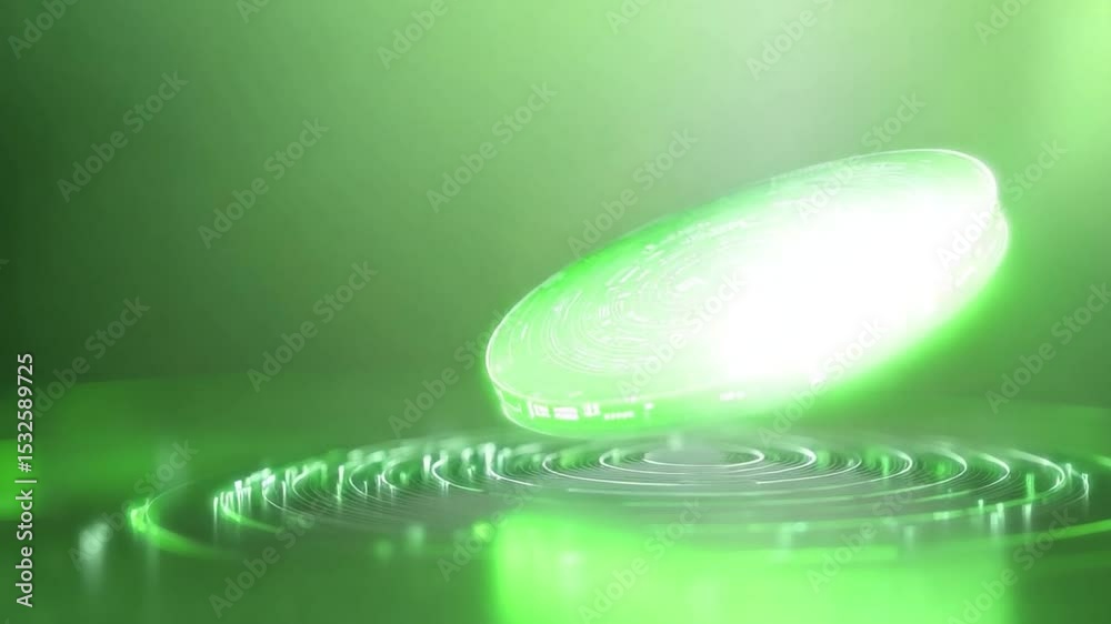 Poster Glowing Orb:  A luminous green orb hovers above a swirling, luminous green surface, creating a mesmerizing and ethereal effect. The soft lighting enhances the mysterious and magical aura. 