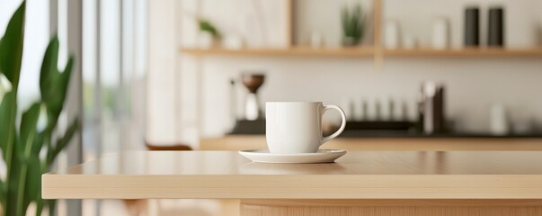 coffee and bakery espresso presentation. A cozy kitchen scene featuring a coffee cup on a wooden table.